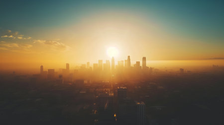 Breathtaking Urban Sunset Silhouette Over City Skyline Capturing Vibrant Colors and Tranquil Evening Mood. Concepts of Urbanization, Scenic Views, and Natural Beauty.の写真素材