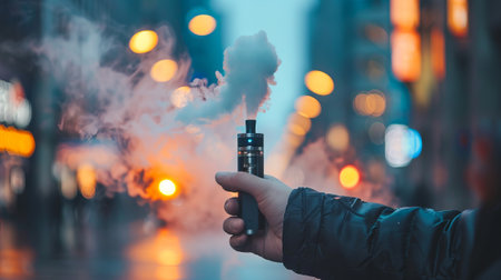 Close-Up of a Hand Holding a Vape Device in an Urban Evening Setting. Concept of Modern Lifestyle,...