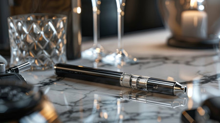 Close-Up of a Stylish Vape Device on a Marble Countertop with Crystal Glasses and Elegant Decor for a Modern Lifestyle Concept.の写真素材