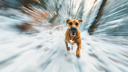 Energetic brown dog sprinting through a snowy forest landscape on a winter day. Concept of playful dogs, winter adventure, outdoor fun.の写真素材