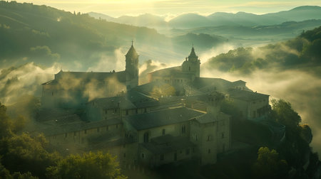 Historic Monastery at Sunrise Amid Mountain Mist and Golden Light in Serene Landscape Scene of Peace and Tranquility.の写真素材