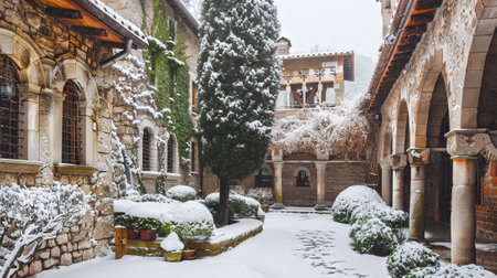 Serene Monastery Courtyard Blanketed in Snow, Embracing Winter's Tranquility.の写真素材