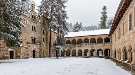 Serene Monastery Courtyard Blanketed in Snow, Embracing Winter's Tranquility.