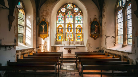 Historic Monastery Interior with Beautiful Stained Glass Windows, Benches, and Altar - Concept of Spiritual Serenity, Architectural Beauty, Heritage Preservation.の写真素材