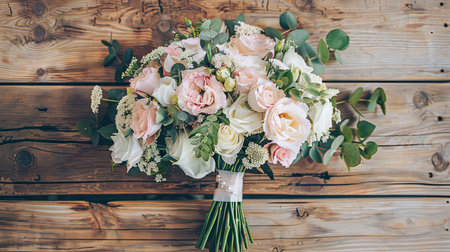 Elegant Wedding Bouquet with Pink and White Roses on Wooden Table. Concept of Romantic Elegance, Wedding Flowers, Traditional Celebration.の写真素材