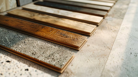 Variety of Flooring Samples Displayed in a Row Showcasing Diverse Textures and Materials Including Wood and Stone for Interior Design Inspiration.の写真素材