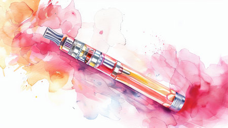 Watercolor Illustration of a Vape Device with Metallic Details and Abstract Background. Concept of Modern Vaping, Artistic Expression, and Vapor Technology. Copy space.の写真素材