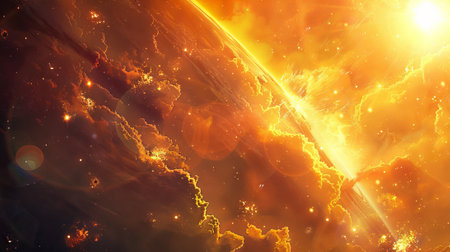Sun during a powerful solar flare, showcasing intense light and fiery plasma. Concept of space,...