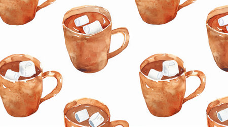 Watercolor pattern of coffee mugs with marshmallows. White background. Concept of hot beverages, cozy drinks, caffeine, warm snacks for cold weather. Background.の写真素材