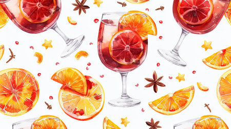 Watercolor illustration of a pattern with glasses of sangria and citrus slices. Concept of festive beverages, citrus fruits, decorative designs for textiles or wallpapers. White backdrop. Background.の写真素材