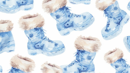 Watercolor art of blue winter boots with fur on a white background. Concept of cold weather footwear, winter apparel, fashion accessory, cozy shoes. Winter background.の写真素材