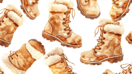 Watercolor art of winter boots with fur on a white background. Concept of cold weather footwear,...