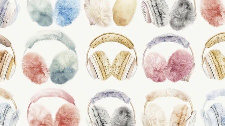 Fluffy ear muffs in various colors on a white background. Concept of cozy accessories, winter fashion, warmth, cold weather gear. Winter background.の写真素材