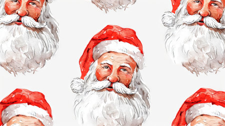 Watercolor art of Santa Claus faces with red hats and white beards on a white background. Concept of Christmas, festive decorations, holiday season, winter celebration. Cheerful background.の写真素材