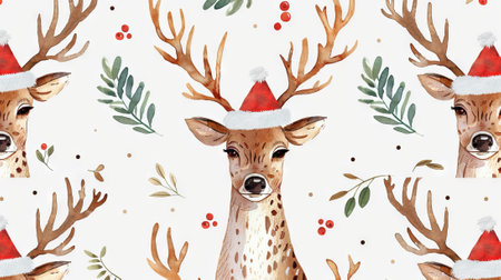 Watercolor winter deer with antlers and holly leaves on white background. Concept of Christmas, holiday season, wildlife, nature art. Festive background.の写真素材