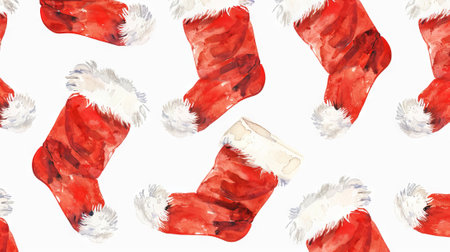 Watercolor Christmas stockings on white background. Concept of festive holiday decoration, winter celebration, seasonal ornament. Cheerful background.の写真素材