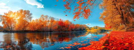 Beautiful autumn landscape with vibrant red and golden trees reflected in a calm river. Concept of fall foliage, peaceful nature scene, and seasonal change. Banner.の写真素材