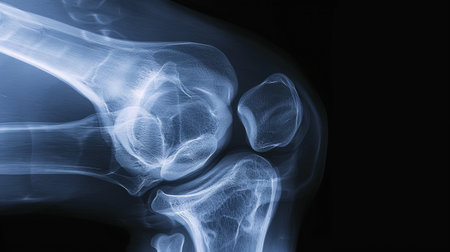 Detailed X-ray Image of a Human Knee Joint with Bone and Ligament Structures. Concept of Medical...
