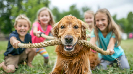 Kids Playing Tug of War with Dogs in Sunny Backyard. Concept of Childhood Joy, Outdoor Fun, Pet Companionship, Summer Activities.の写真素材