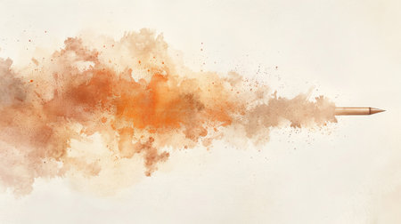 Watercolor Illustration of a Bullet Flying with Fiery Trail Concept of Speed, Motion, Power, and Dynamics. Banner.の写真素材