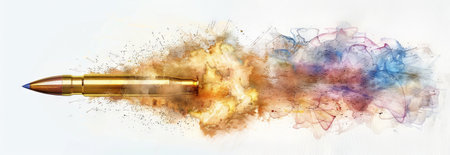 Watercolor illustration of a bullet flying through fires and colorful smoke. Concept of speed,...