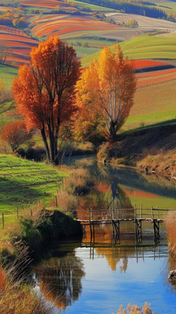 Idyllic Countryside Scene During Fall with Rolling Hills, Colorful Trees, and a Serene Creek....