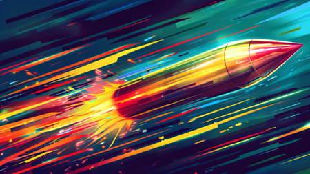 Digital artwork of a vibrant bullet in mid-flight with dynamic motion lines. Concept of speed,...