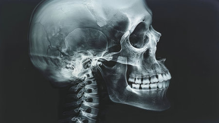Detailed X-Ray Image of a Human Skull Showing Bones and Teeth on a Dark Background. Concept of Medical Imaging, Anatomy, Skeletal Structure.の写真素材