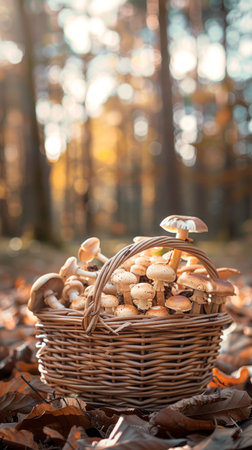 A basket of freshly picked mushrooms resting on a forest floor. Concept of foraging, nature, wild...