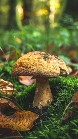 Close-up of a Single Porcini Mushroom on a Forest Floor. Concept of Nature, Fungi, Wilderness, Autumn. Vertical.の写真素材