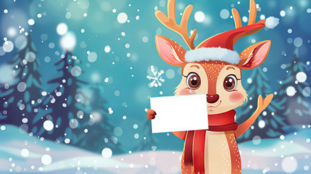 Cute Christmas deer holding empty white card in snowy winter forest. Concept of holiday greeting, Christmas, festive decor. Cartoon illustration. Greeting card, postcard, mockup with copy space.の写真素材
