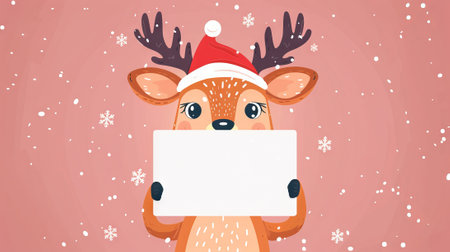 Cute Christmas deer holding empty white card in snowy winter scenery. Concept of holiday greetings, festive season, Christmas. Cartoon illustration. Greeting card, postcard, mockup with copy space.の写真素材
