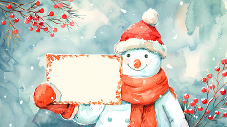 Cute Christmas snowman holding empty white card in a festive watercolor scene. Concept of holiday greeting, winter celebration, Christmas card. Greeting card, postcard, mockup with copy space.の写真素材