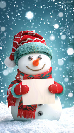 Cute Christmas snowman holding empty white card in a winter snow scene. Concept of holiday greetings, festive season. Vertical. Cartoon illustration. Greeting card, postcard, mockup. Copy space.の写真素材