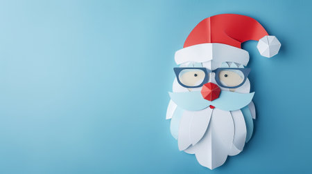 Paper Craft Santa Claus with Glasses on Blue Background. Concept of Christmas Decoration, Holiday Season, Festive Art, Creative Design. Greeting card, postcard, mockup, invitation. Copy space.の写真素材
