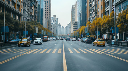 Aerial View of a Busy Multi-Lane Highway with Heavy Traffic Leading to a City Skyline at Sunset. Concept of Urban Traffic, Cityscape, Transportation, Commuting.の写真素材