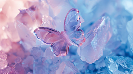 Crystal butterfly art in pink and blue hues on crystalline background. Concept of delicate beauty, nature inspiration, crystal sculpture, artistic decoration. Copy space.の写真素材
