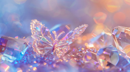 Close-up of a Crystal Butterfly Resting on a Flower. Concepts of Crystal Art, Butterfly Design, Insect Decor, Nature-Inspired Craft. Festive background. Copy space.の写真素材