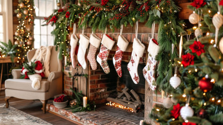 Cozy Living Room with Christmas Decorations Including Stockings, Garland, and Festive Lights. Concept of Holiday Home Decor, Festive Interior, Winter Celebration, Seasonal Cheer.の写真素材