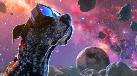 Great Dane Dog Wearing Virtual Reality Glasses in Outer Space Amidst Asteroids and Stars. Concept of...