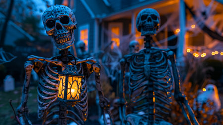 Halloween skeleton figures holding lanterns surrounded by spider webs and autumn leaves. Concept of...