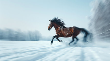 Chestnut Horse Galloping Rapidly Through a Snowy Forest. Concept of Equine Speed, Winter Landscape, Freedom, Horse Riding Adventure, Nature, Gallop, Fast Speed, Beauty in Motion, Freeze Frame.の写真素材