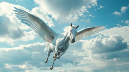 Majestic White Pegasus Soaring Through a Cloudy Sky. Concept of Mythical Creature, Fantasy, Flight, fairy tale and Imagination.の写真素材