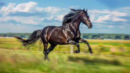 Powerful black horse galloping in a lush green field. Concept of speed, freedom, nature, horse riding, Gallop, Fast Speed, Beauty in Motion, Freeze Frame.の写真素材