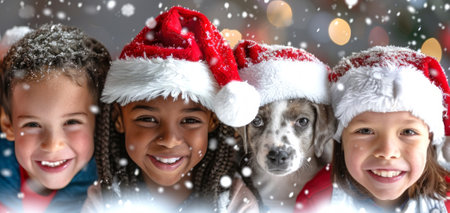Happy children and a puppy wearing Santa hats in a festive snowy setting. Concept of Christmas joy, holiday spirit, multicultural friendship, winter wonderland, Multinational Unity.の写真素材