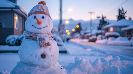 Snowman at Dusk with Soft Ambient Lighting in a Winter Neighborhood. Concept of Holiday Season,...