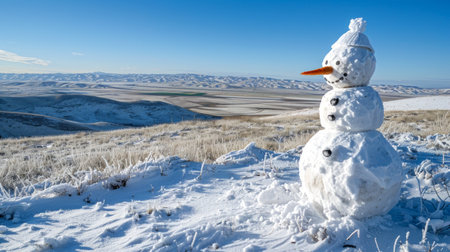 Snowman on a hilltop with a panoramic view. Concept of winter, snow, holiday season, scenic landscape.の写真素材