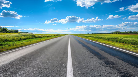 Straight Empty Highway Stretching into the Horizon on a Sunny Day with Puffy White Clouds and Green Fields on Both Sides. Concept of Open Road, Road Trip, Freedom, Adventure.の写真素材