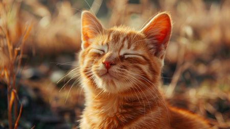 Close-up of a Whimsical, Contented Smiling Cat with Eyes Closed in Sunlight. Concept of Happy Pet, Cat Relaxation, Feline Joy, Serene Companion, funny kitten.の写真素材