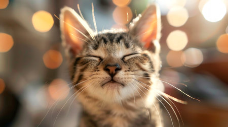 Close-up of a Whimsical, Contented Smiling Cat with Eyes Closed in Sunlight. Concept of Happy Pet,...
